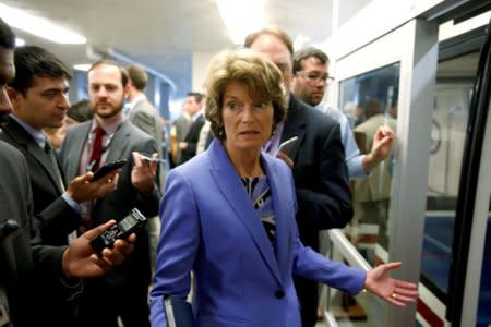 FILE PHOTO: Senator Lisa Murkowski (R-AK) speaks to reporters after the Senate approved .25 billion in aid for areas affected by Hurricane Harvey along with measures that would fund the federal government and raise its borrowing limit on Capitol Hill in Washington, U.S., September 7, 2017.   REUTERS/Joshua Roberts/File Photo