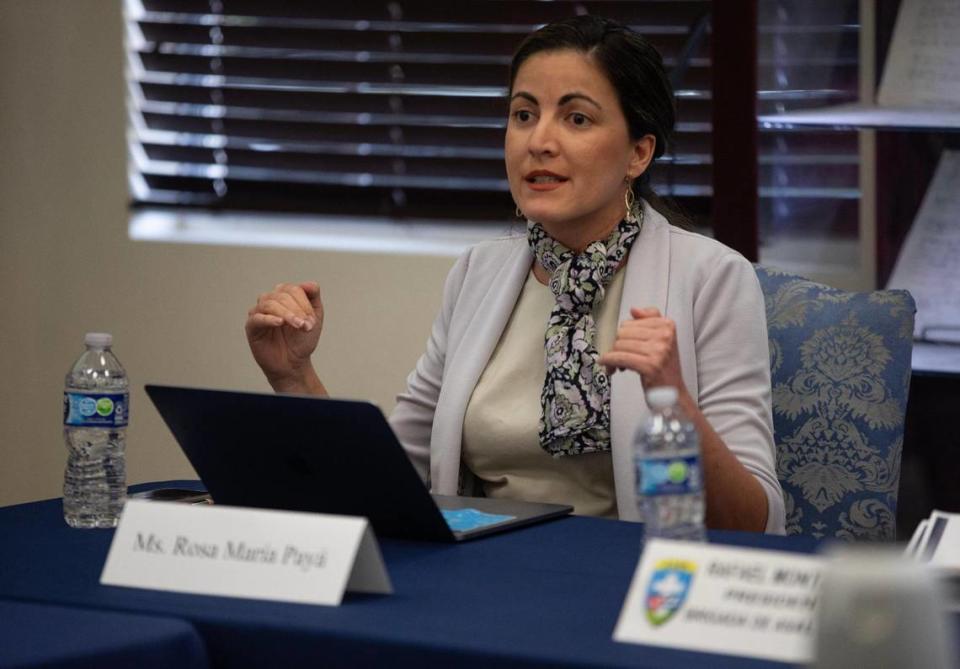 Activist Rosa María Payá speaks during a roundtable discussion between elected officials and Cuban activists about political prisoners at Assault Bridge 2506 Museum on Monday, July 10, 2023 in Hialeah Gardens, Fla.