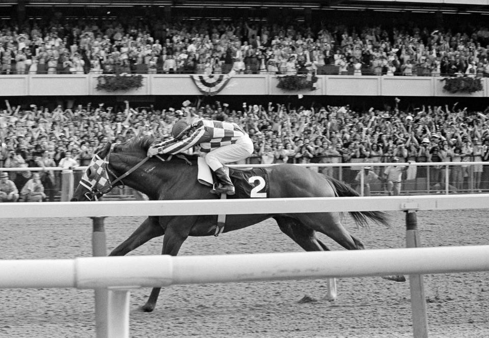 FILE - Ron Turcotte hangs on as Secretariat romps along the final stretch just before the finish line and a victory in the 105th running of the Belmont Stakes at Belmont Park in Elmont, N.Y., June 9, 1973. The Belmont Stakes is the final Triple Crown race before new federal regulations going into effect for horse racing across the United States. (AP Photo/File)