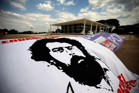 A banner depicting former Brazilian President Luiz Inacio Lula da Silva is seen outside the Brazilian Supreme Court in Brasilia,