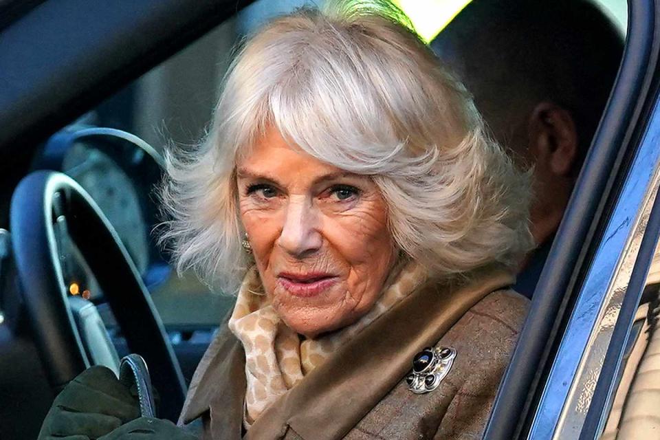 <p>ANDREW MILLIGAN/POOL/AFP via Getty Images</p> Queen Camilla arrives at Aberdeen Art Gallery on Jan. 18.