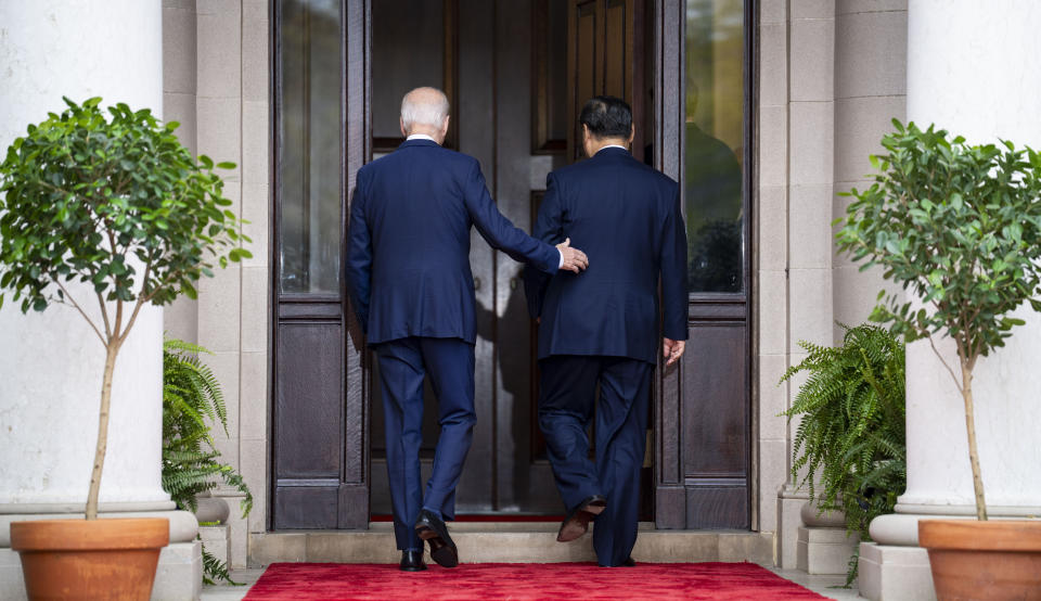 President Joe Biden greets China's President President Xi Jinping at the Filoli Estate in Woodside, Calif., Wednesday, Nov, 15, 2023, on the sidelines of the Asia-Pacific Economic Cooperative conference. (Doug Mills/The New York Times via AP, Pool)