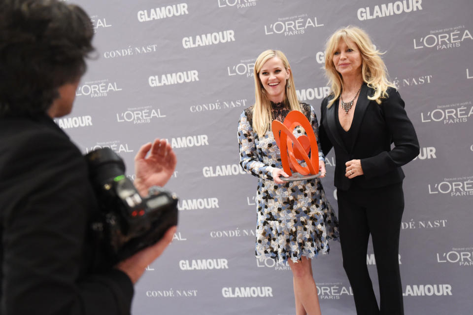 NEW YORK, NY - NOVEMBER 09:  Reese Witherspoon poses with her award and actress Goldie Hawn at the 2015 Glamour Women Of The Year Awards at Carnegie Hall on November 9, 2015 in New York City.  (Photo by Nicholas Hunt/Getty Images for Glamour)