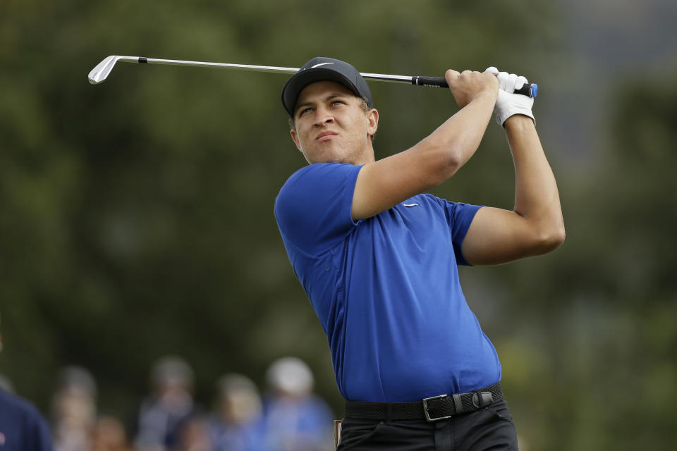 Cameron Champ follows his shot from the second tee of the Silverado Resort North Course during the final round of the Safeway Open PGA golf tournament Sunday, Sept. 29, 2019, in Napa, Calif. (AP Photo/Eric Risberg)