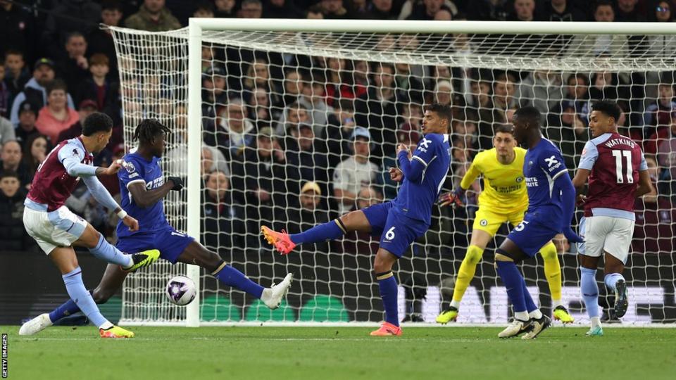 Aston Villa's Morgan Rogers scores against Chelsea in the Premier League