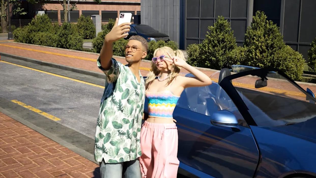  Inzoi - two characters pose for a selfie together in front of a blue convertible car. 