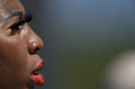 Gwendolyn Berry waits to compete in the finals of the women's hammer throw at the U.S. Olympic Track and Field Trials Saturday, June 26, 2021, in Eugene, Ore. (AP Photo/Ashley Landis)