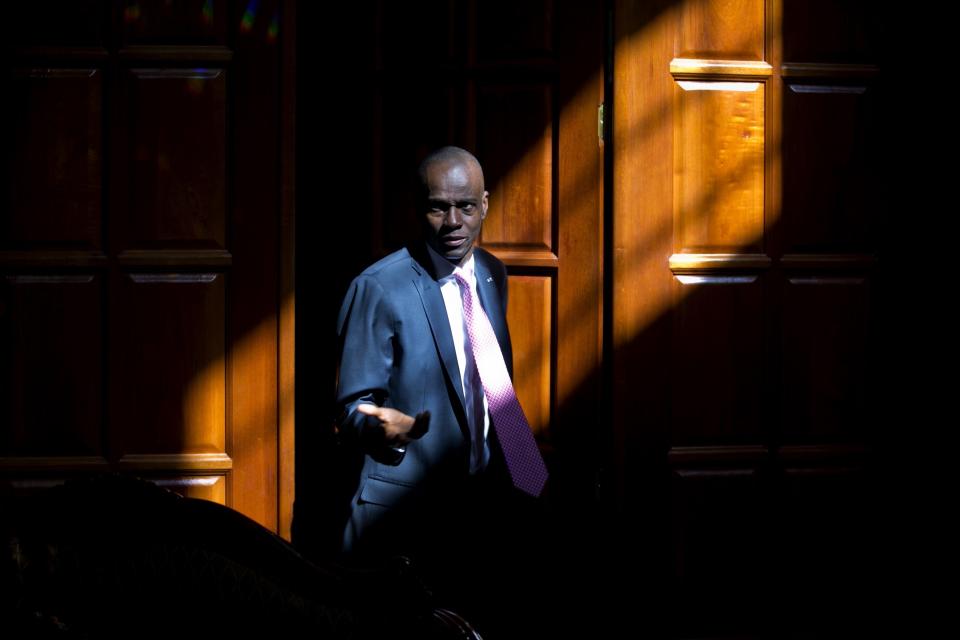 FILE - In this Feb. 7, 2020 file photo, Haitian President Jovenel Moise arrives for an interview at his home in Petion-Ville, a suburb of Port-au-Prince, Haiti. Moise was assassinated in an attack on his private residence early Wednesday, July 7, 2021, and first lady Martine Moise was shot in the overnight attack and hospitalized, according to a statement from the country's interim prime minister.