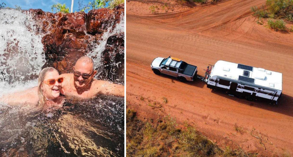 Left, Michelle and Rino laughing while in a waterfall. Right, the couple's 4WD towing their caravan on a red dirt highway. 