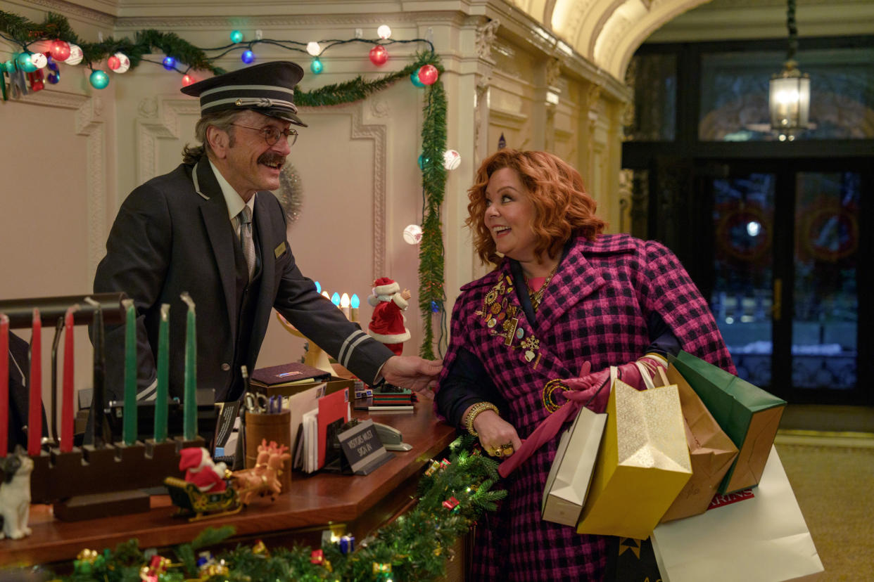 Marc Maron and Melissa McCarthy star in Richard Curtis' new Christmas film Genie. (Sky)