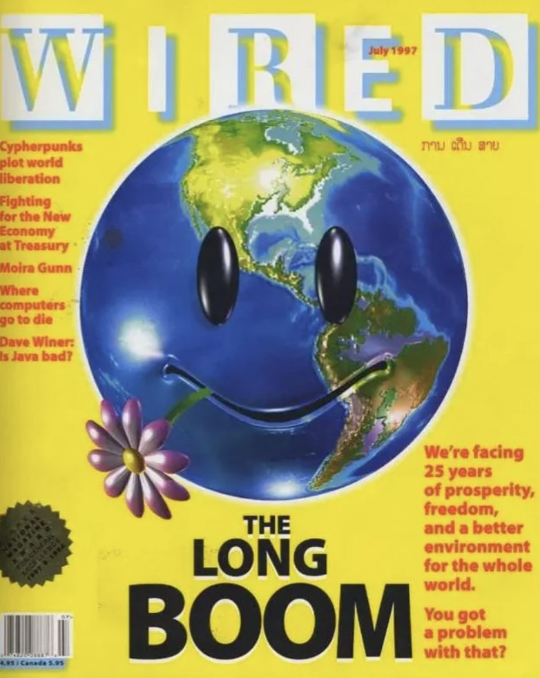 The cover features the globe with a smiley face photoshopped onto it and is titled "The Long Boom"