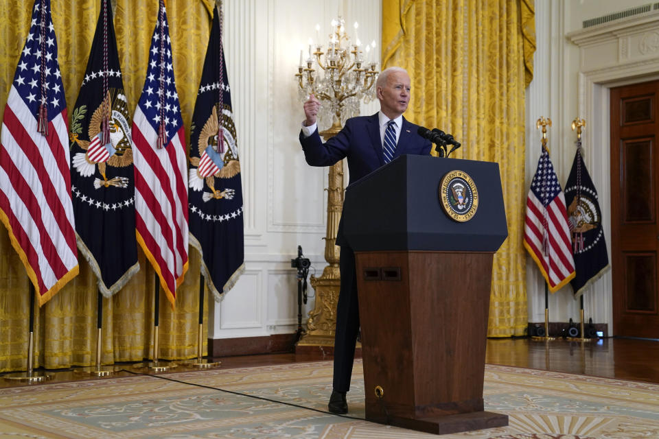 President Joe Biden speaks during a news conference in the East Room of the White House, Thursday, March 25, 2021, in Washington. (AP Photo/Evan Vucci)