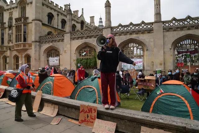Oxford Mail: Students speaking at an encampment in the grounds of Cambridge University, protesting against the