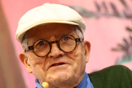 FILE PHOTO: British artist David Hockney speaks during presentation of his new book "A Bigger Book" during the book fair in Frankfurt, Germany October 19, 2016. REUTERS/Kai Pfaffenbach/File Photo