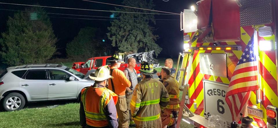 Four Neshaminy High School students were seriously injured after their car (far right corner) was struck head-on by a pickup truck (center) on Bridgetown Pike in Northampton in March, 2021