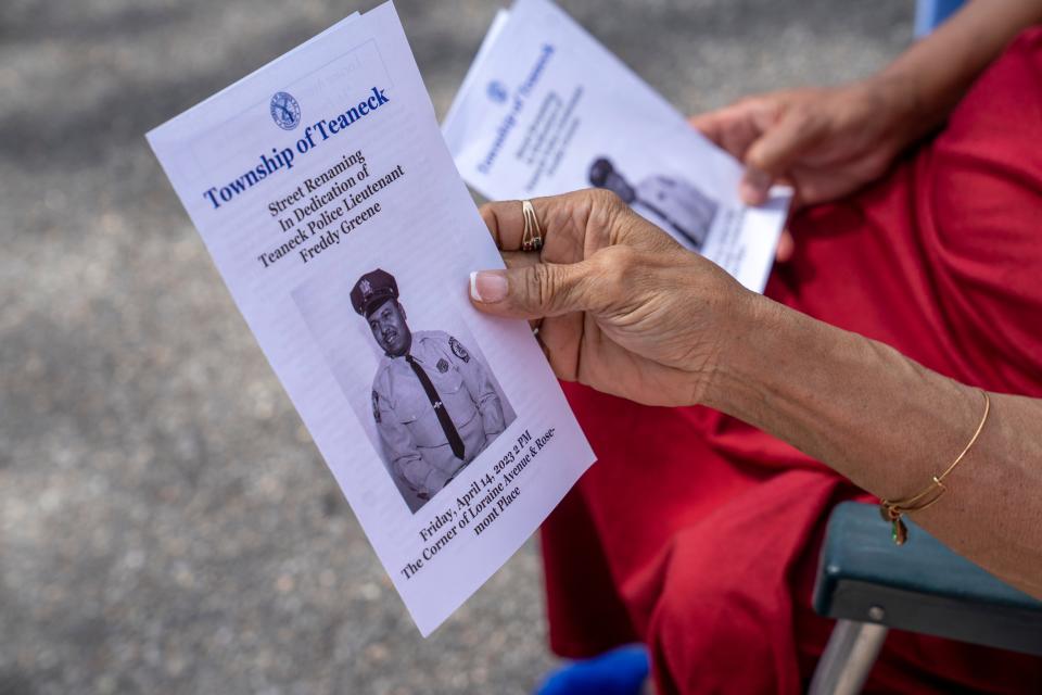 A street renaming ceremony in honor of Lt. Freddy Greene in Teaneck on Friday, April 14, 2023. Lt. Freddy Greene was Teaneck's first Black policeman. 