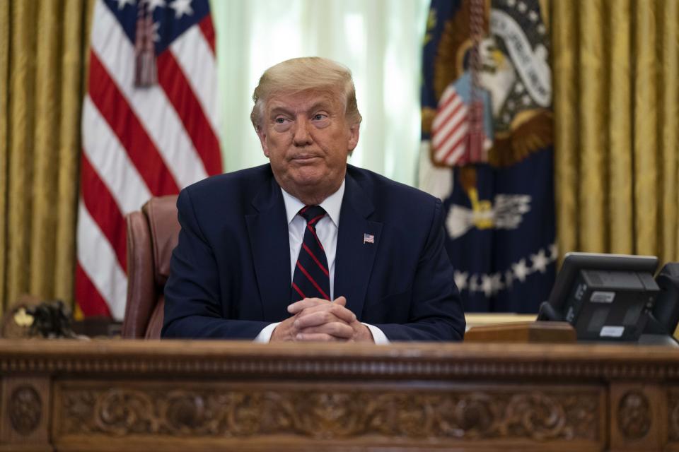 President Donald Trump speaks during a signing ceremony with Serbian President Aleksandar Vucic and Kosovar Prime Minister Avdullah Hoti, in the Oval Office of the White House, Friday, Sept. 4, 2020, in Washington. (AP Photo/Evan Vucci)