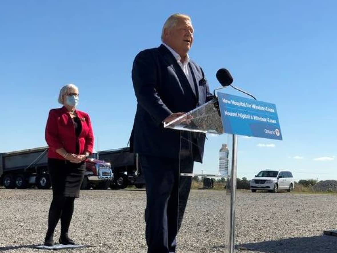 Ontario Premier Doug Ford addressed the upcoming job cuts at Stellantis when he was in Tecumseh for a funding announcement for the Windsor mega hospital on Monday.  (Jacob Barker/CBC - image credit)