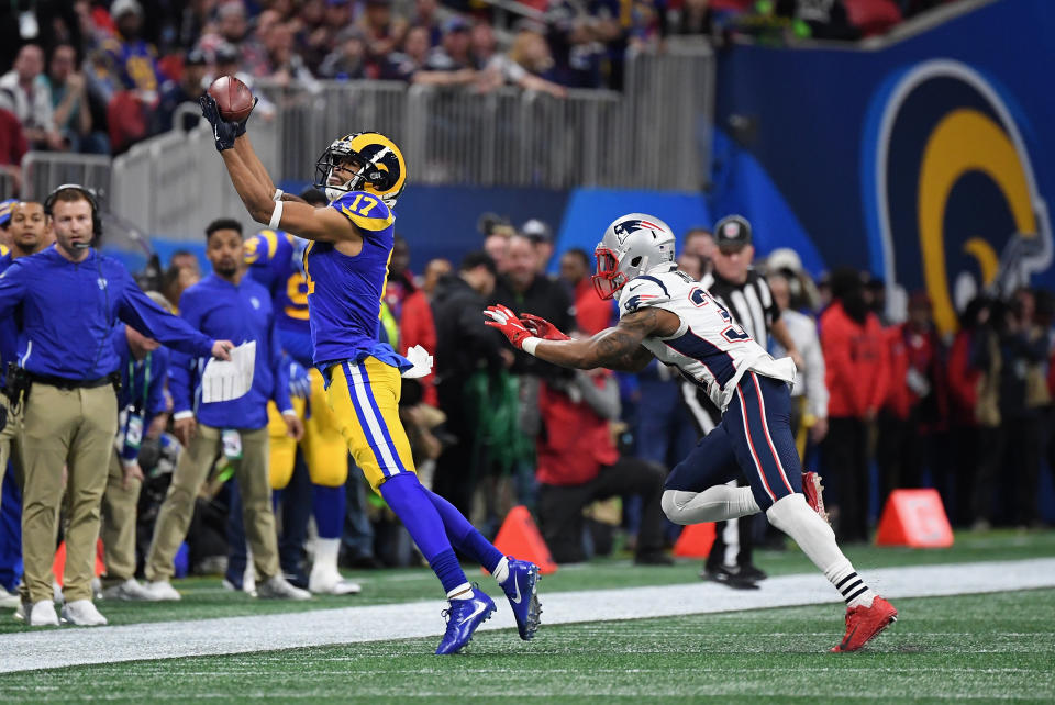<p>Robert Woods #17 of the Los Angeles Rams makes a catch in the second quarter during Super Bowl LIII against the New England Patriots at Mercedes-Benz Stadium on February 3, 2019 in Atlanta, Georgia. (Photo by Harry How/Getty Images) </p>