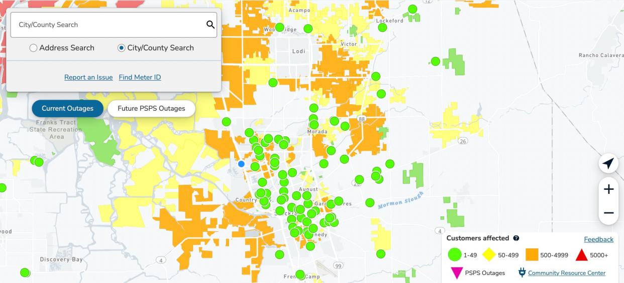 Power outages were being reported in Stockton on Sunday, Jan. 1, 2023.