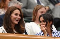 <p>Meghan and Kate spent their first joint outing together watching Serena Williams compete at the women's finals in 2018. <a href="https://www.townandcountrymag.com/style/fashion-trends/g22147037/kate-middleton-meghan-markle-first-outing-photos-together-wimbledon/" rel="nofollow noopener" target="_blank" data-ylk="slk:See more photos of their day at the tournament here.;elm:context_link;itc:0;sec:content-canvas" class="link ">See more photos of their day at the tournament here.</a> </p>