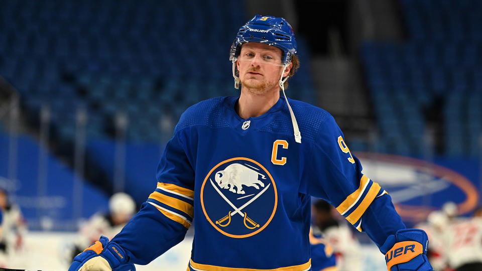 BUFFALO, NY - JANUARY 30: Jack Eichel #9 of the Buffalo Sabres warms up prior to an NHL game against the New Jersey Devils on January 30, 2021 at KeyBank Center in Buffalo, New York. (Photo by Joe Hrycych/NHLI via Getty Images)