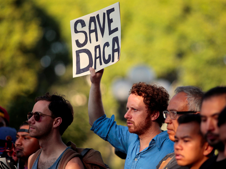 Supporters of the Deferred Action for Childhood Arrivals (DACA) program rally on Olivera Street in Los Angeles, California, September 5, 2017. REUTERS/ Kyle Grillot 