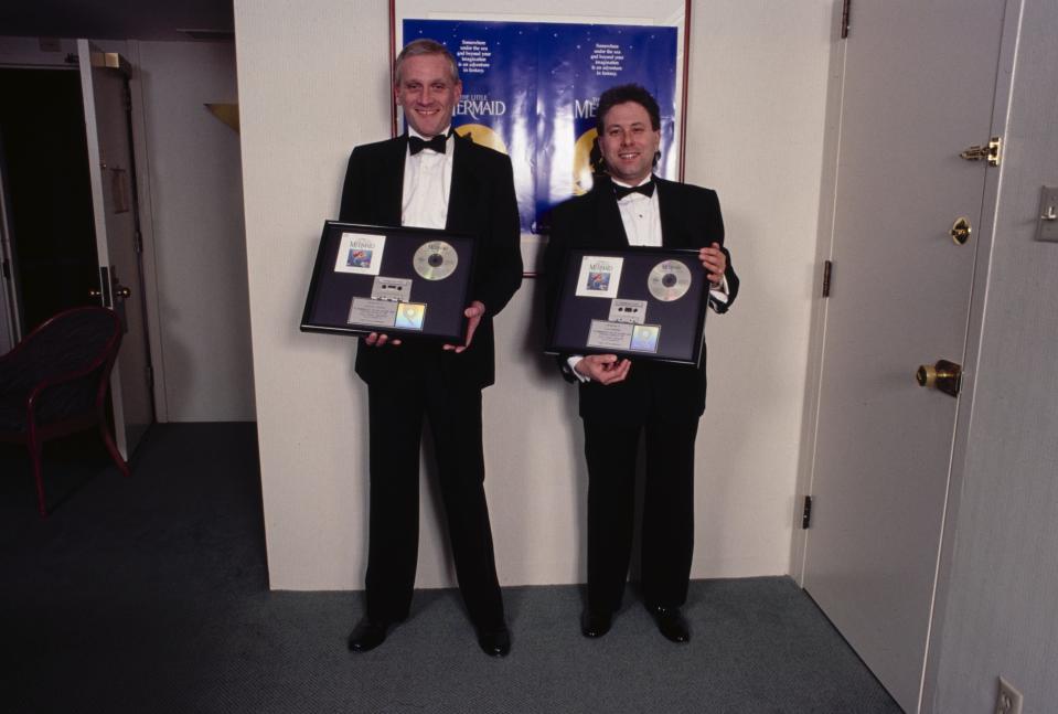 In a photo from the documentary "Howard," Howard Ashman (left) and Alan Menken went platinum back in the day for their soundtrack from 1989's "The Little Mermaid."