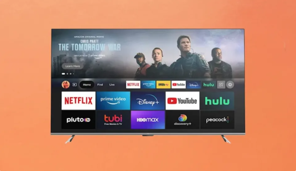 A large smart TV with a screen featuring popular streaming apps like Netflix, Disney+, Youtube, etc.