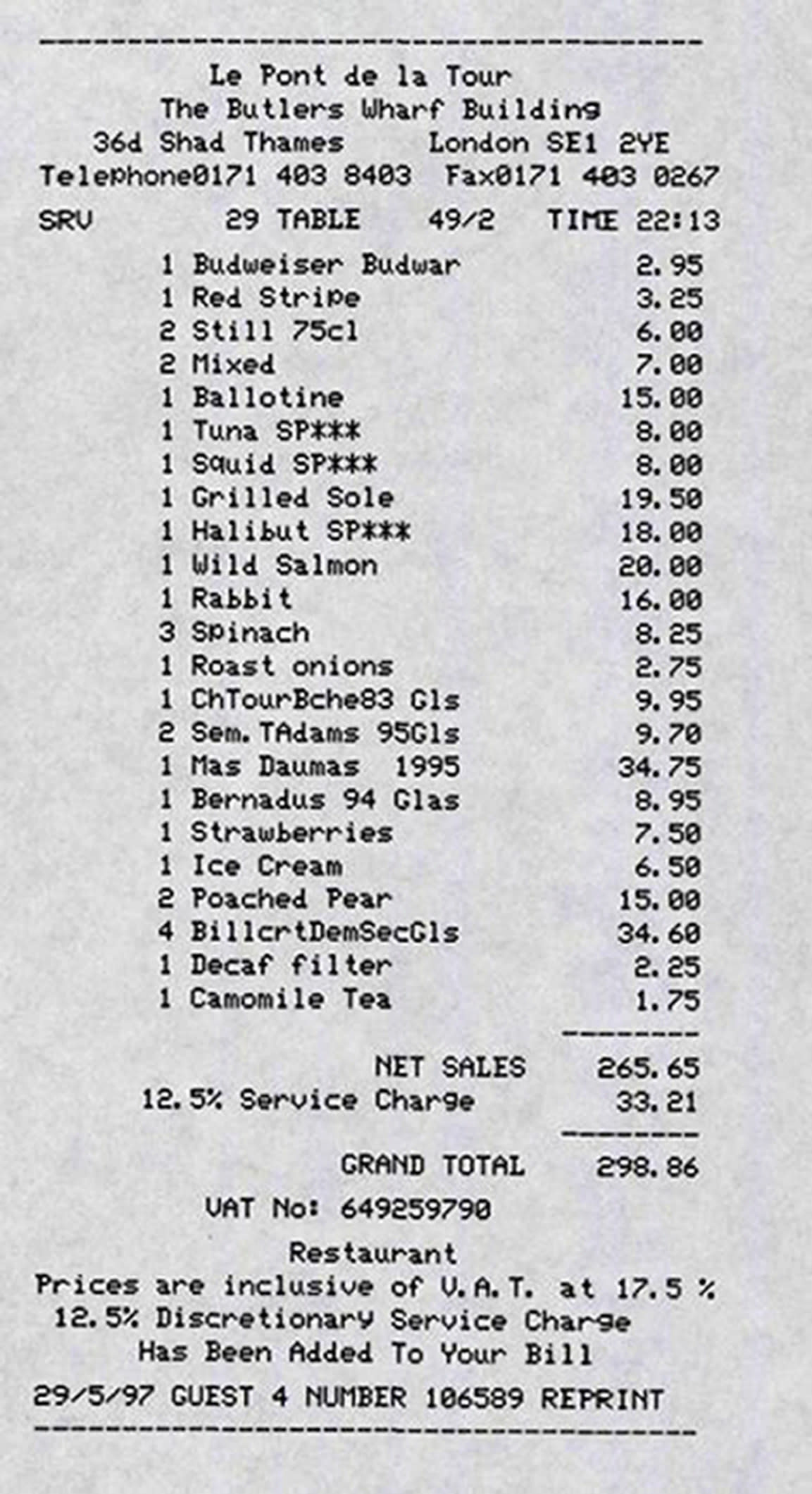 Embargoed to 0001 Tuesday July 20 Handout image issued by the National Archives of a receipt from the Tony Blair and Bill Clinton dinner at Le Pont de la Tour Restaurant in May 1997. Issue date: Tuesday July 20, 2021.