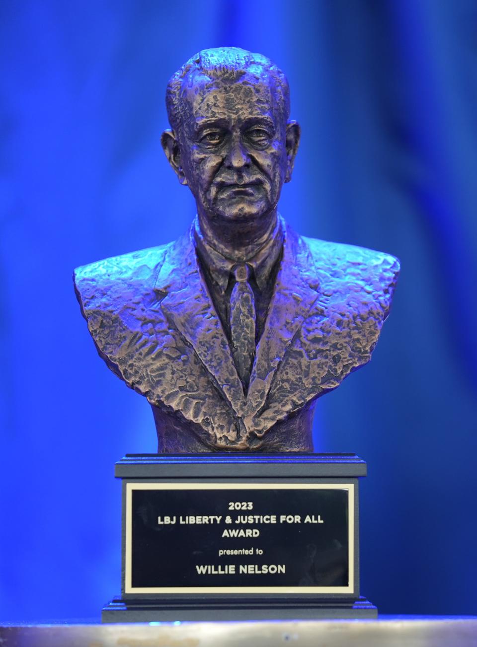 Willie Nelson received the LBJ Liberty and Justice For All Award, a rather large bust of the late president, at a gala and musical tribute at the LBJ Presidential Library.