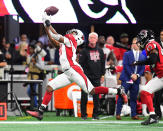 <p>David Johnson #31 of the Arizona Cardinals makes a first quarter catch against the Atlanta Falcons at Mercedes-Benz Stadium on December 16, 2018 in Atlanta, Georgia. (Photo by Scott Cunningham/Getty Images) </p>