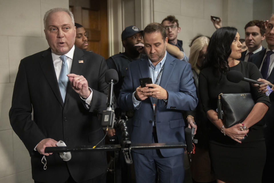 House Majority Leader Steve Scalise of La., speaks to reporters as he arrives for a meeting of House Republicans to vote on candidates for Speaker of the House on Capitol Hill, Wednesday, Oct. 11, 2023 in Washington. Stalemated over a new House speaker, the Republican majority is scheduled to convene behind closed doors to try to vote on a nominee. But lawmakers say Wednesday's private ballots to replace ousted Speaker Kevin McCarthy could take a while. (AP Photo/Mark Schiefelbein)