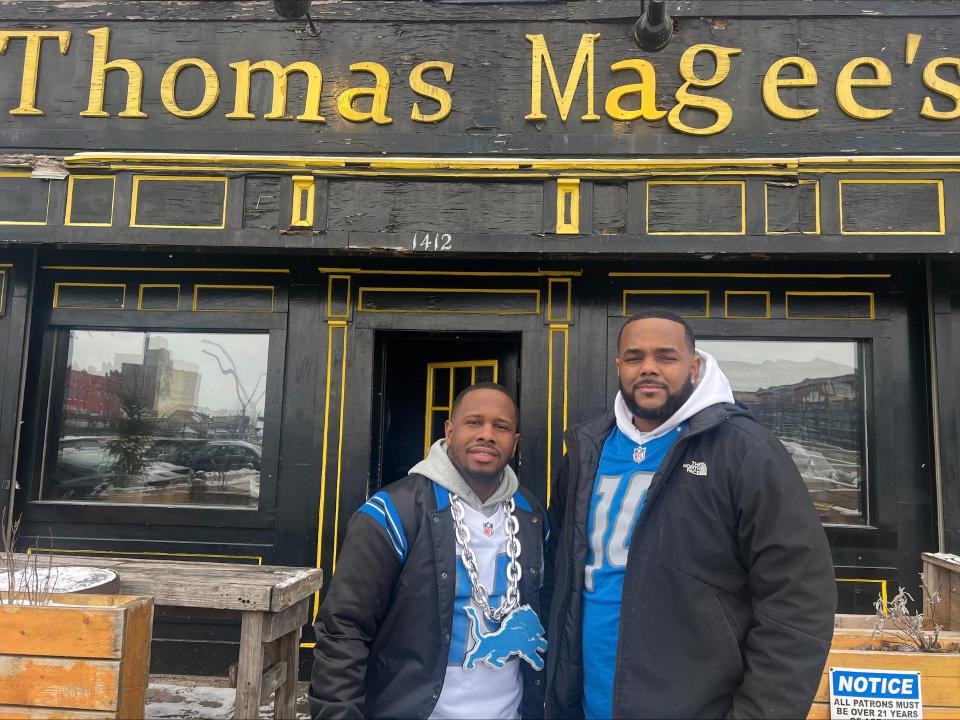 Richard L. Robinson, Jr. and Cortez Fulton, both 35 of Detroit, said they try to make it to Thomas MageeÕs Sporting House before every Lions home game. After experiencing the atmosphere at Ford Field last week during the teamÕs first playoff win in decades, the pair said they had to attend the game against the Tampa Bay Buccaneers as well.