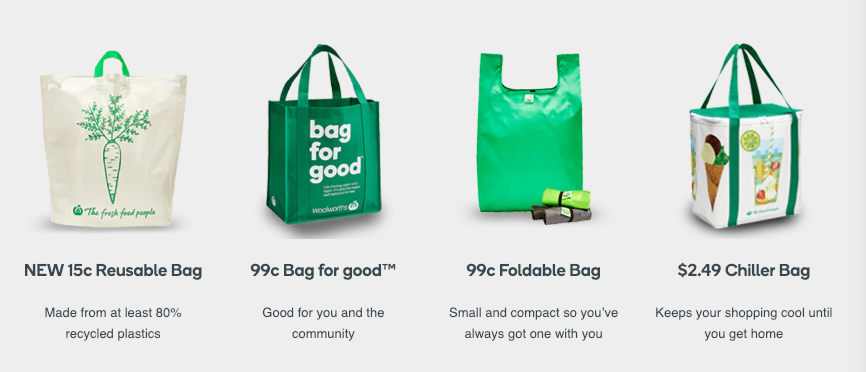 Yahoo Finance screenshot of Woolworths website listing the reusable bags on sale.
