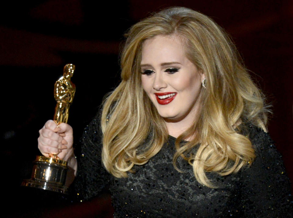 HOLLYWOOD, CA - FEBRUARY 24:  Singer Adele Adkins accepts the Best Original Song award for Skyfall from 