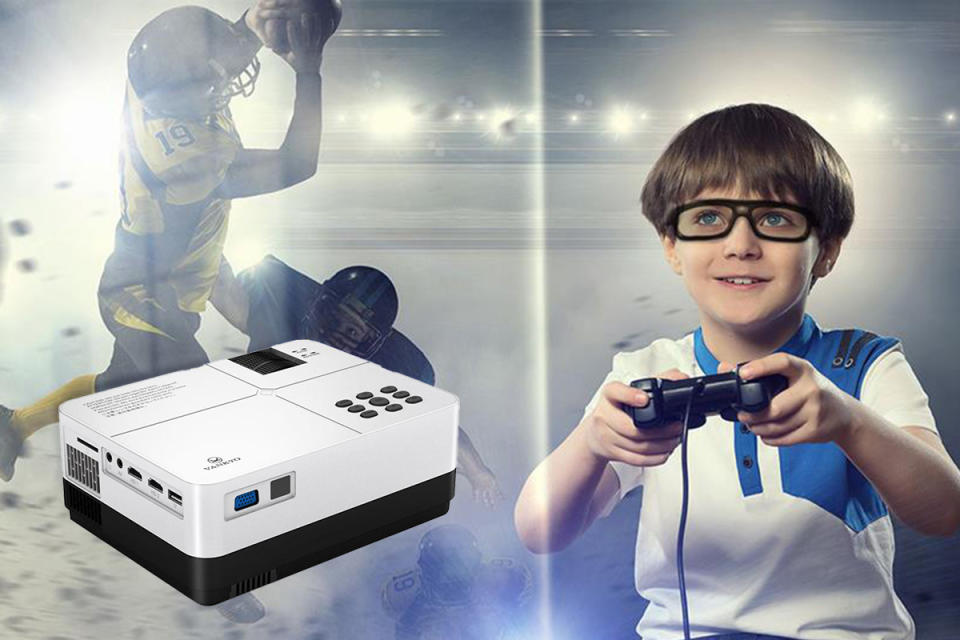 a little boy with VR glasses playing a video game, transposed on an image of a football player