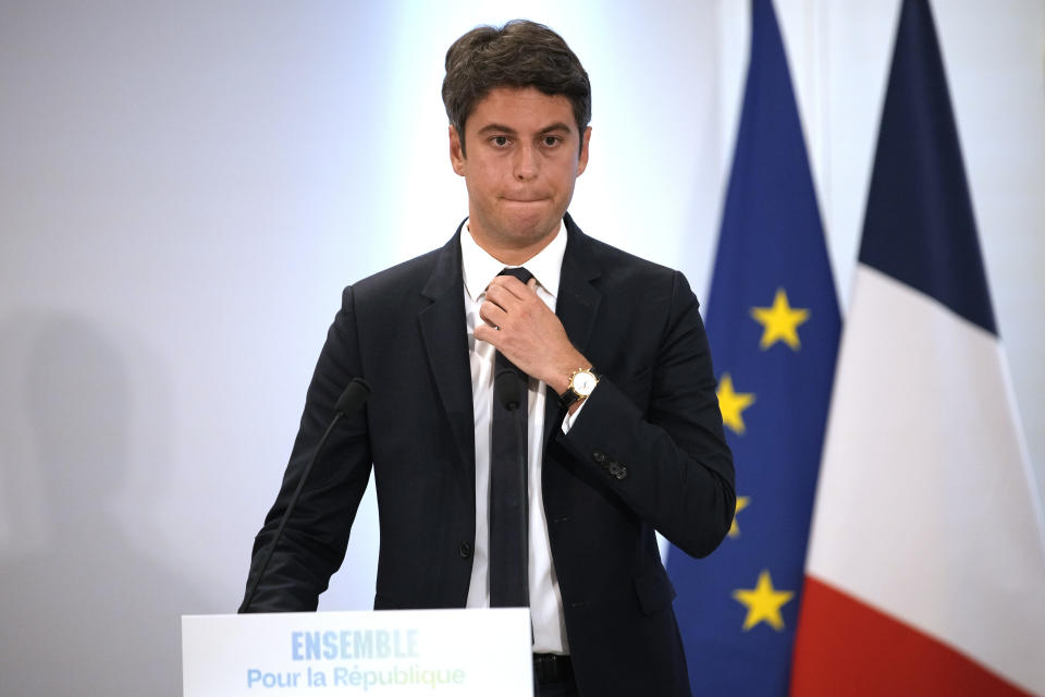 French Prime Minister Gabriel Attal speaks during a campaign press conference, Thursday, June 20, 2024 in Paris. Earlier this month, French President Emmanuel Macron dissolved the lower house of France's parliament in a surprise announcement, sending voters back to the polls, after his party was handed a humbling defeat by the far right in the European Parliament election. (AP Photo/Christophe Ena)