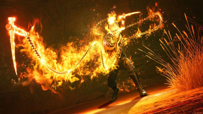 Ghost Rider sends out a blazing chain in the game Marvel's Midnight Suns.