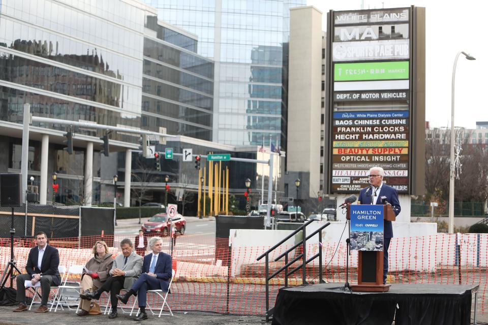 Louis Cappelli, CEO of the Cappelli Organization, speaks during the groundbreaking ceremony for Hamilton Green, the new housing development by RXR and the Cappelli Organization, on the former White Plains Mall site Dec. 8, 2022 in White Plains. The residential project will include four mixed-income multifamily buildings totaling 860 rental units, including 78 on-site affordable units, open space, underground parking, as well as dining, retail and commercial spaces.