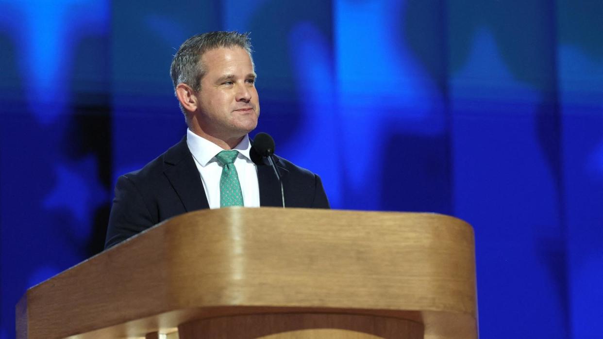 PHOTO: Former Rep. Adam Kinzinger (R-IL) takes the stage on Day 4 of the Democratic National Convention (DNC) in Chicago on August 22, 2024. (Kevin Wurm/Reuters)