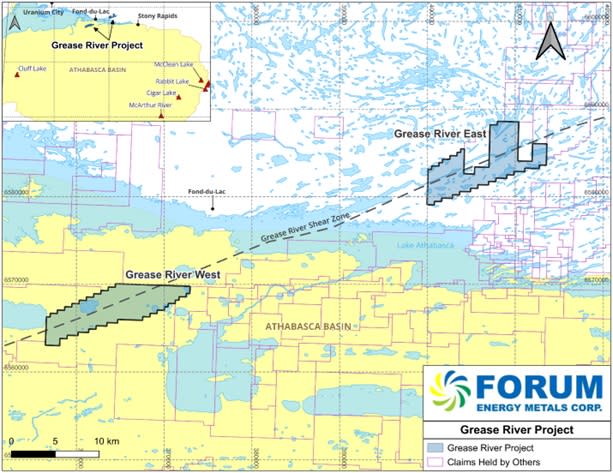 Location of the Grease River Project (West and East claim blocks) in northern Saskatchewan