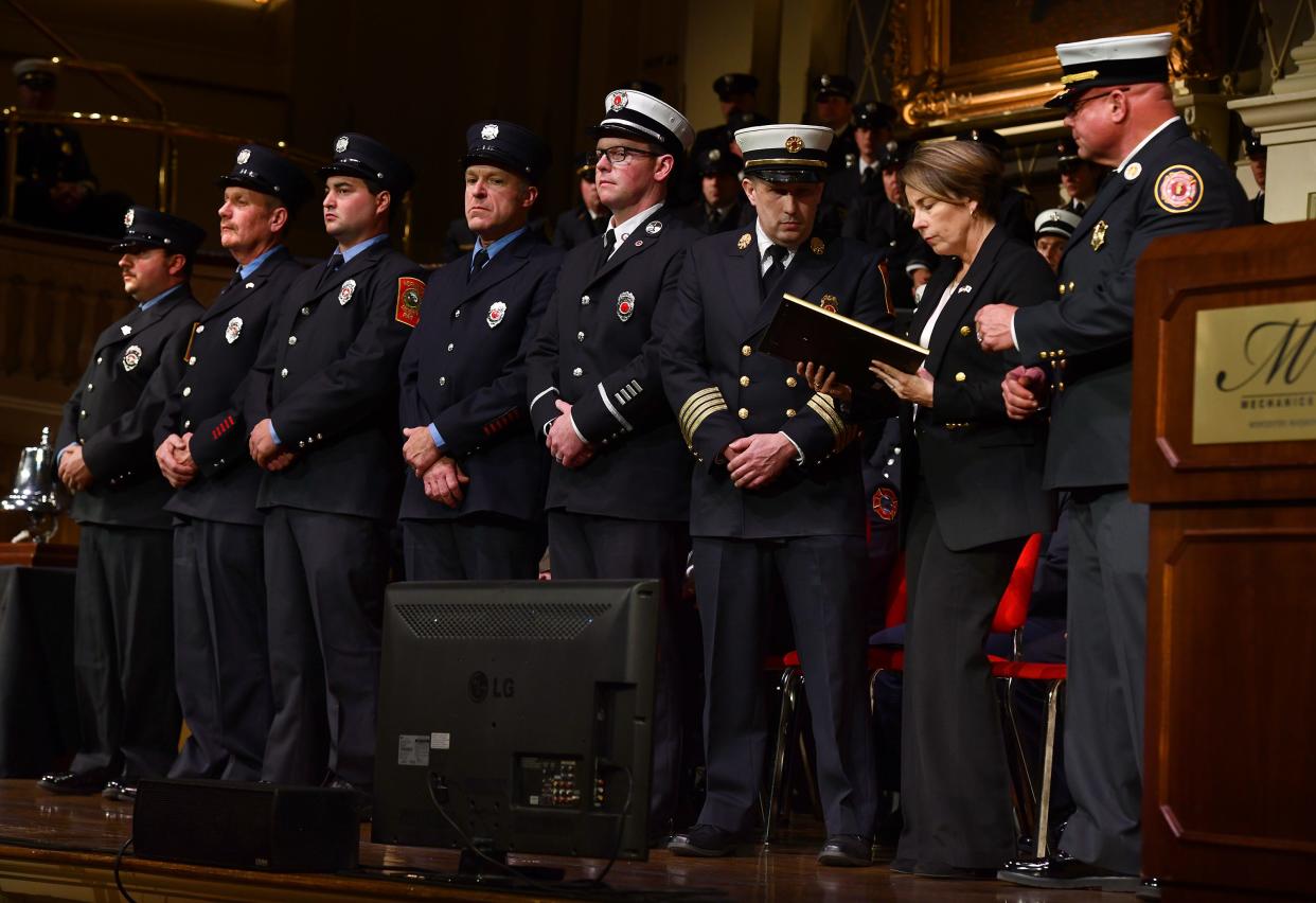 WORCESTER - During the 2023 Firefighter of the Year Awards ceremony at Mechanics Hall, Gov. Maura Healey presented the Citation for Meritorious Conduct to members of the Hopkinton Fire Department; Deputy Chief Gary Daugherty Jr, Lieutenant John Sheridan, Firefighter Jim Gosselin, Firefighter Maxwell Hoadley, Firefighter Douglas R. Lewis III, Firefighter Jarrod Taranto.