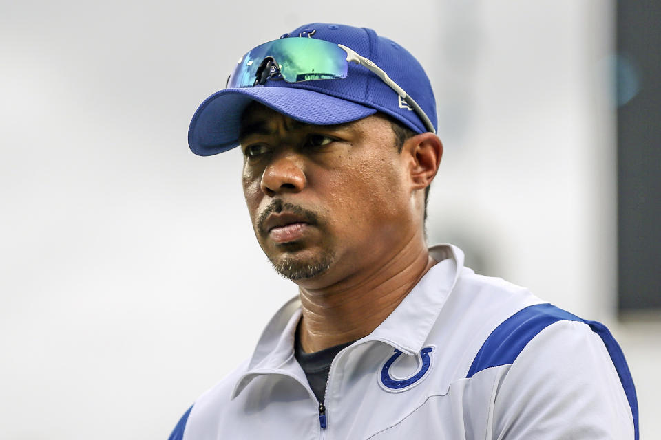 FILE - Indianapolis Colts offensive coordinator Marcus Brady walks off the field after an NFL football game against the Jacksonville Jaguars, Sunday, Sept. 18, 2022, in Jacksonville, Fla. Indianapolis Colts coach Frank Reich fired offensive coordinator Marcus Brady on Tuesday, Nov. 1, 2022, two days after another subpar offensive showing in a loss to Washington. (AP Photo/Gary McCullough, File)