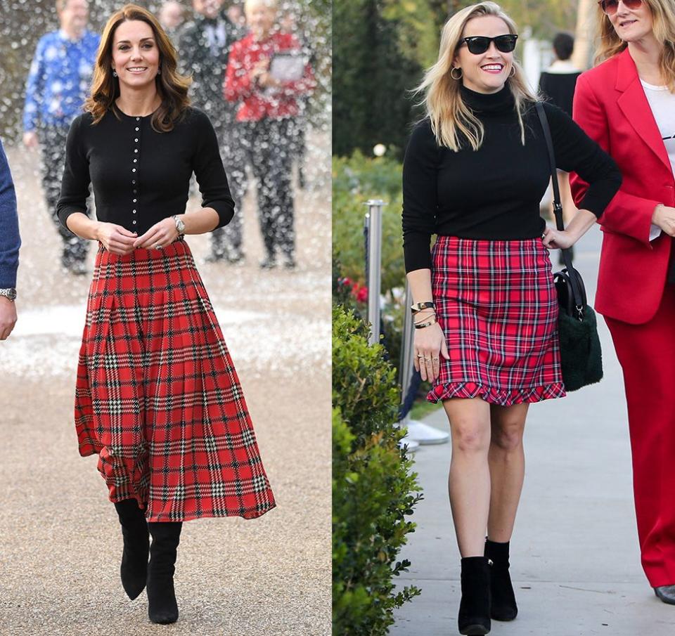 <p>The Duchess of Cambridge was not only festive in a black sweater, a red plaid pleated skirt, and boots for a Christmas party in 2018, she was also on trend. Only a few days after the Duchess rocked this look, Reese Witherspoon was spotted out and about in Los Angeles wearing a nearly identical ensemble. </p>