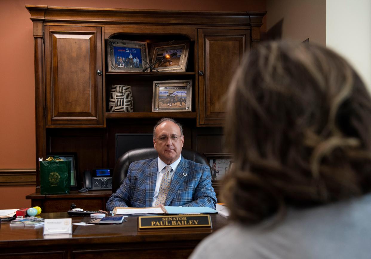 Sen. Paul Bailey R- Sparta, listens to Covenant parent, Sarah Shoop Neumann, while Shoop Neumann expresses concerns over a bill permitting teachers to cary firearms in schools at Cordell Hull State Office Building in Nashville , Tenn., Thursday, April 4, 2024.