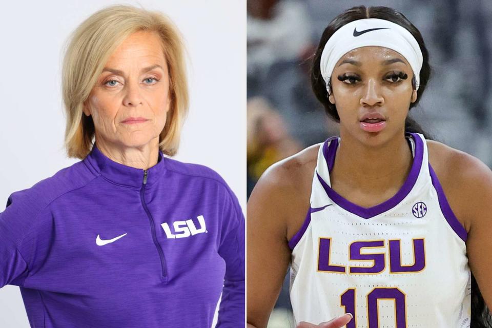 <p>C. Morgan Engel/NCAA Photos via Getty, Ethan Miller/Getty</p> Kim Mulkey, Angel Reese 