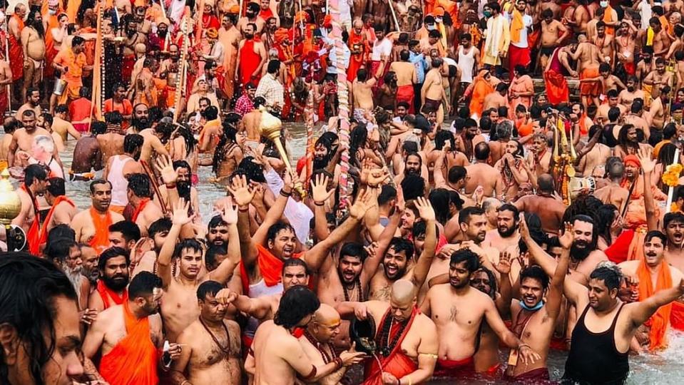 Devotees bathing at Har ki Pauri ghat on the banks of Ganges for Shahi Snan.