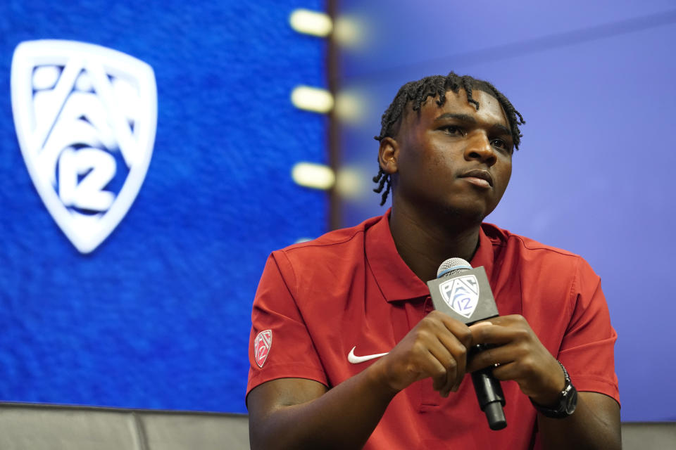 FILE - Washington State quarterback Cameron Ward answers questions at the NCAA college football Pac-12 media day. Friday, July 21, 2023, in Las Vegas. Washington State opens their season at Colorado State on Sept. 2. (AP Photo/Lucas Peltier, File)