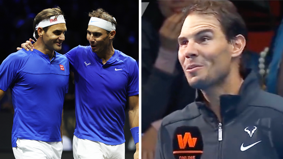 Rafa Nadal (pictured right) speaking to the crowd in Colombia and (pictured left) Nadal embraces Roger Federer.